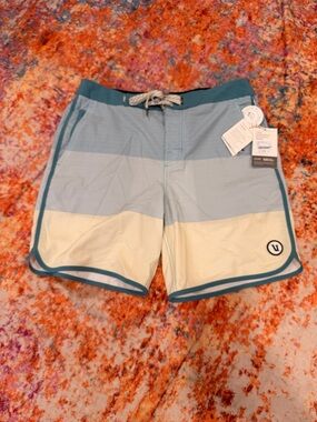 Vuori Men’s Board Shorts Size 30 Blue Striped Swim Trunks Surf Beach NWT